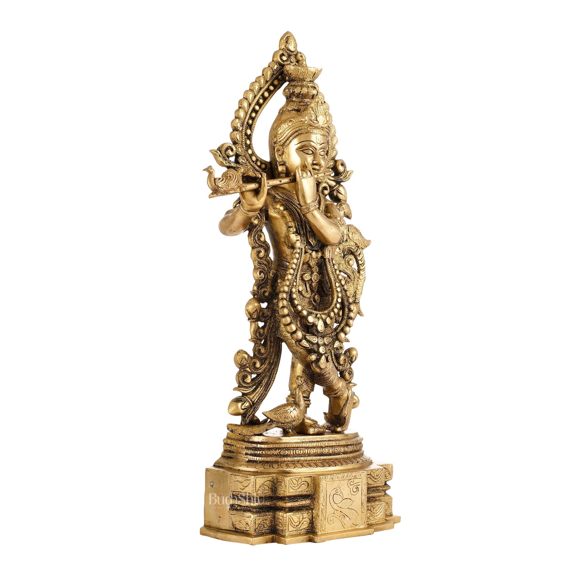 Brass Handcrafted Fine Quality Krishna Playing the Flute with Peacocks | Height 19 inch