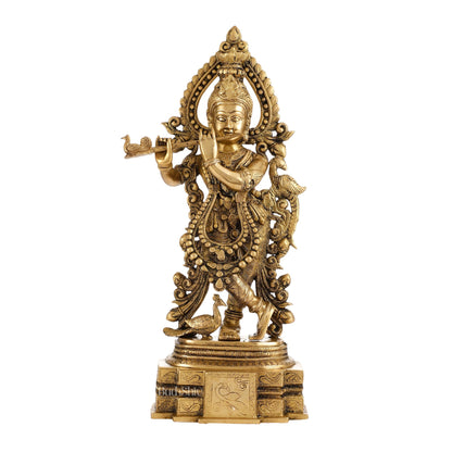 Brass Handcrafted Fine Quality Krishna Playing the Flute with Peacocks | Height 19 inch