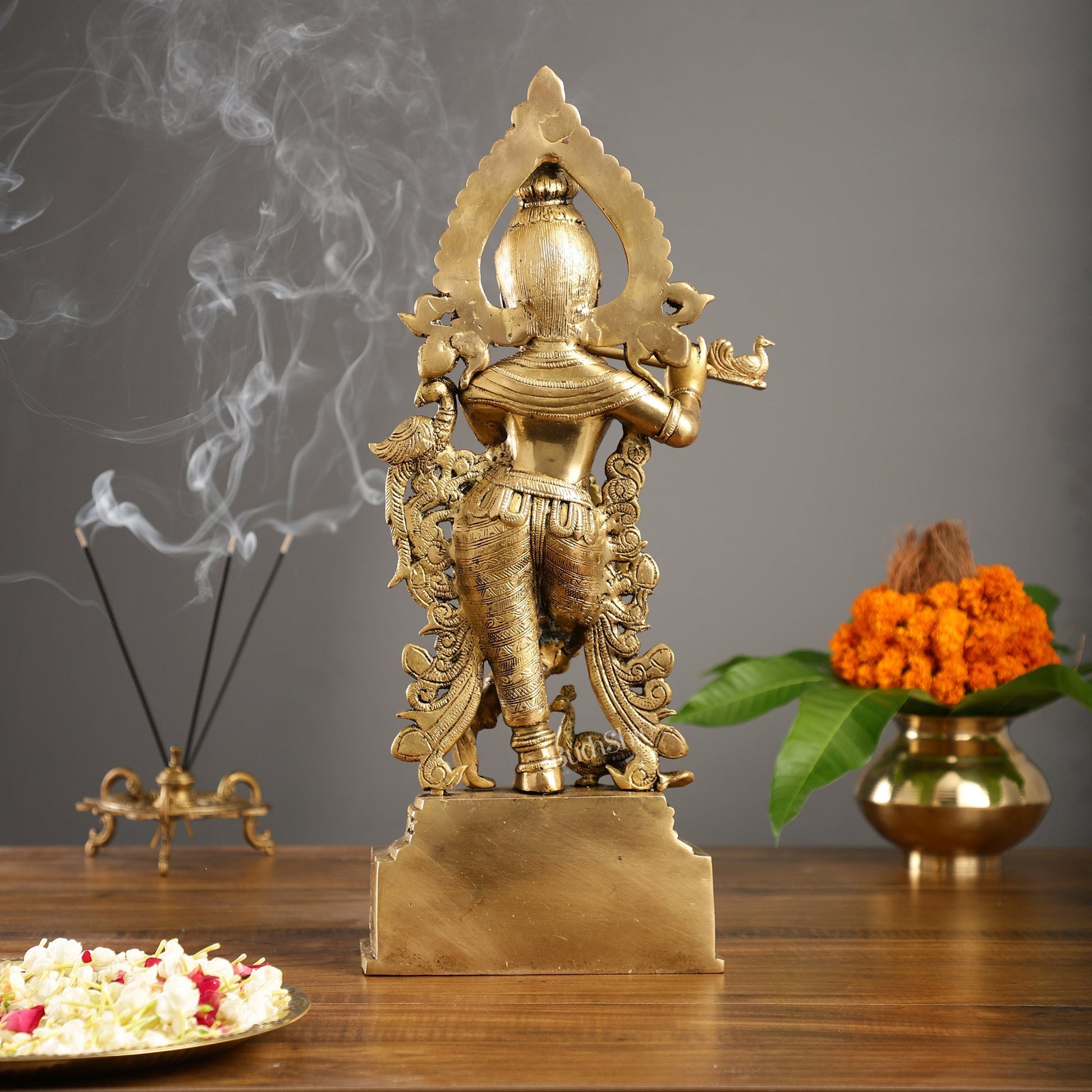 Brass Handcrafted Fine Quality Krishna Playing the Flute with Peacocks | Height 19 inch