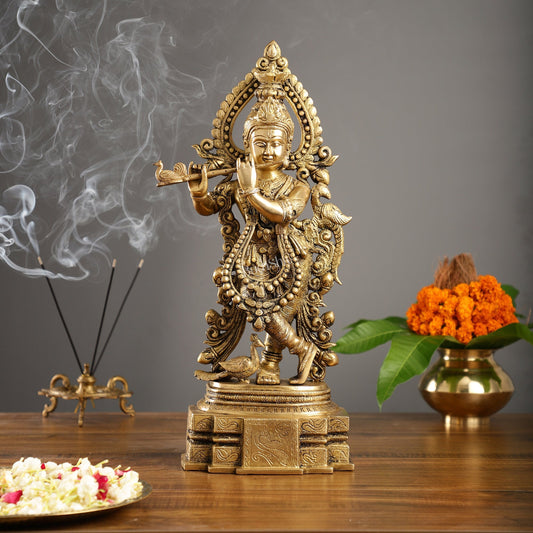 Brass Handcrafted Fine Quality Krishna Playing the Flute with Peacocks | Height 19 inch