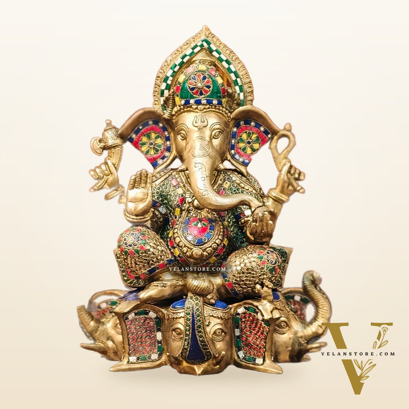 Brass Handcrafted Ganapathi Statue Seated on Three Elephant Heads 17"