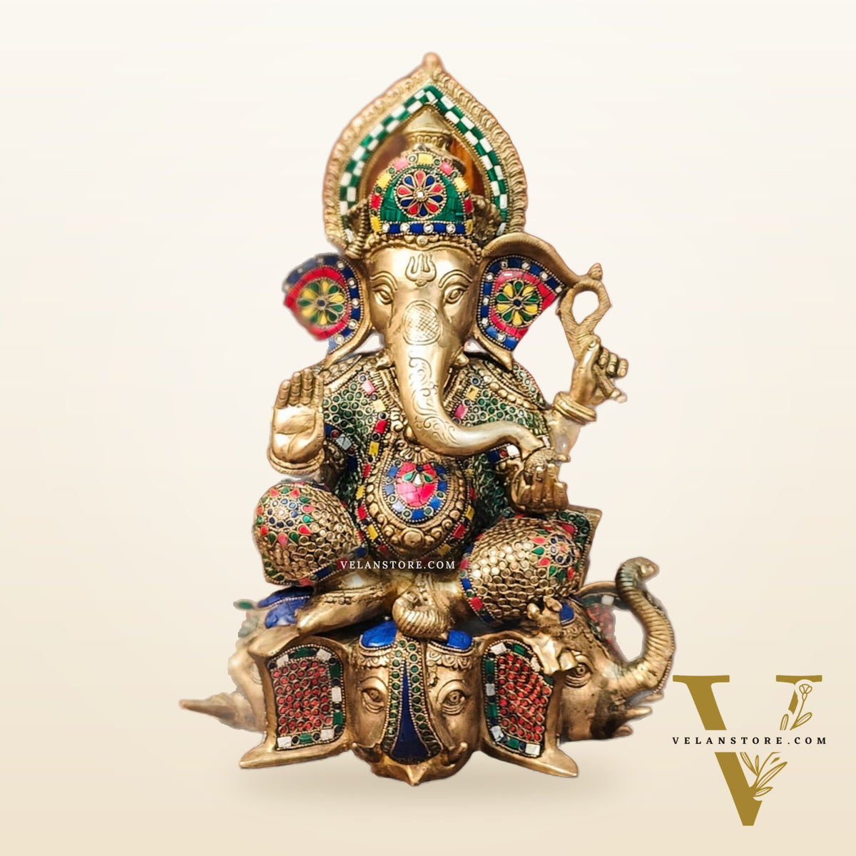 Brass Handcrafted Ganapathi Statue Seated on Three Elephant Heads 17"