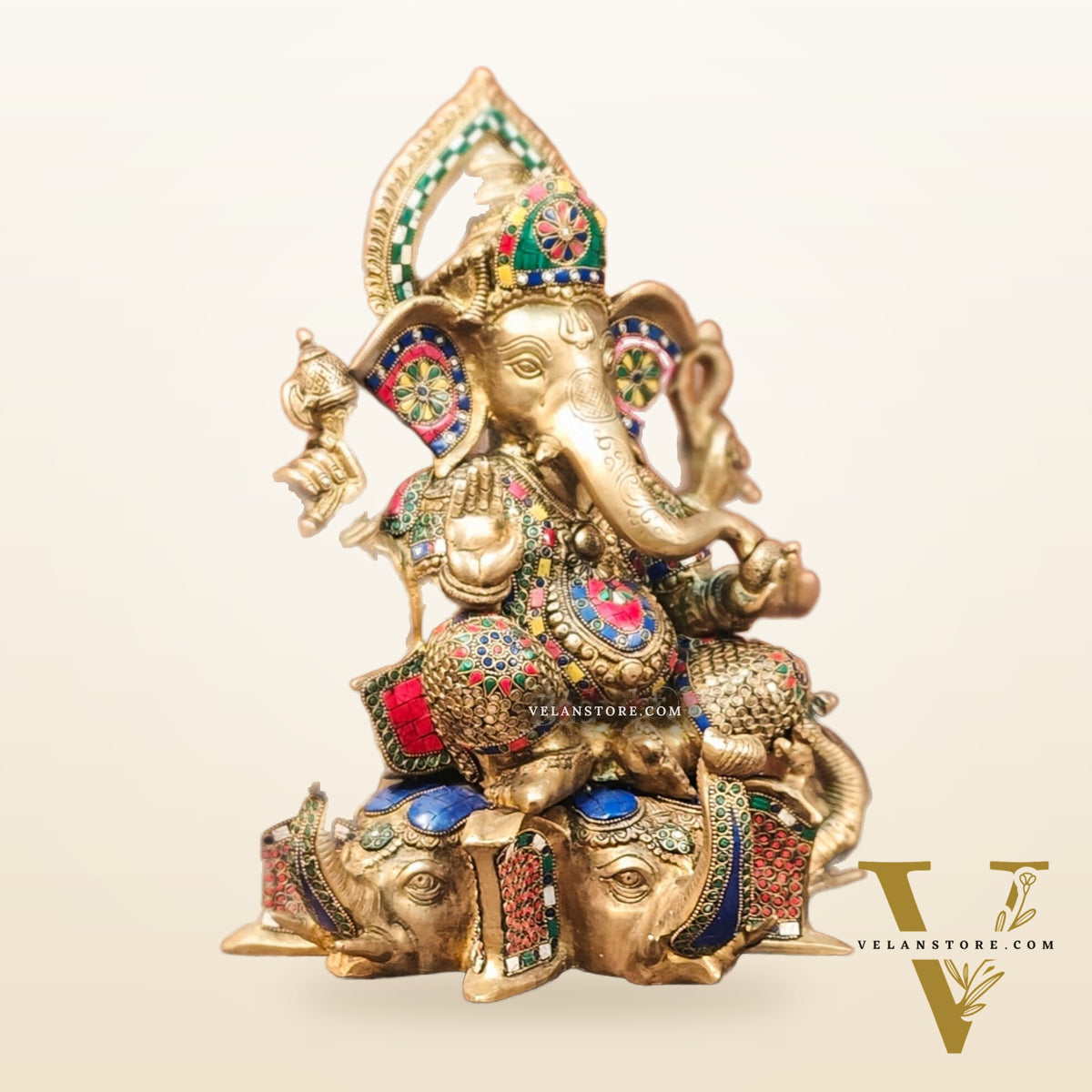 Brass Handcrafted Ganapathi Statue Seated on Three Elephant Heads 17"