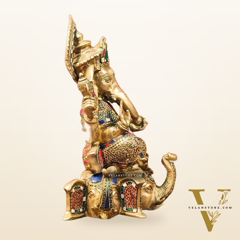 Brass Handcrafted Ganapathi Statue Seated on Three Elephant Heads 17"