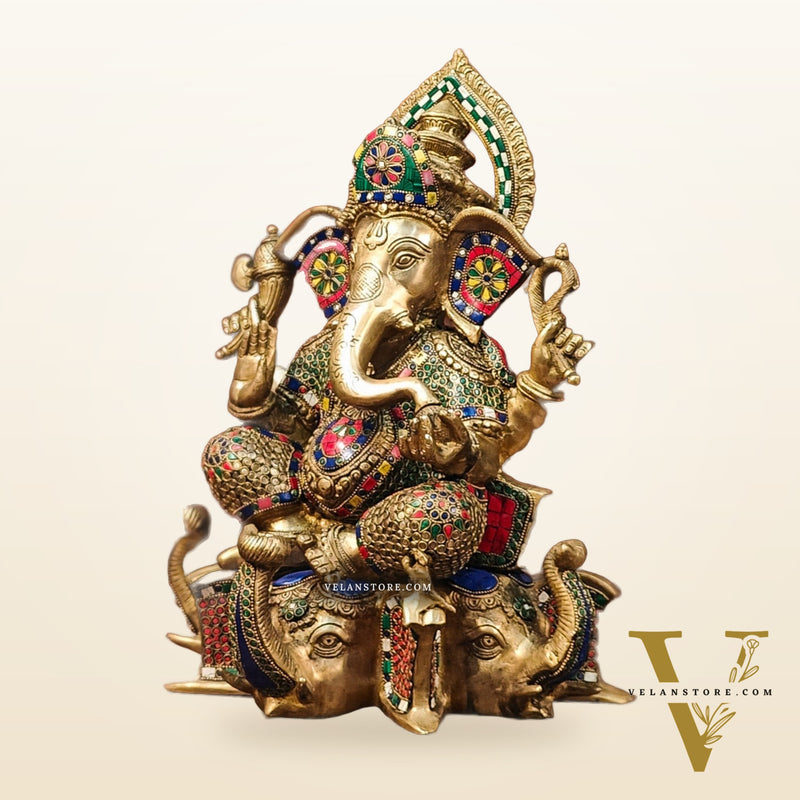 Brass Handcrafted Ganapathi Statue Seated on Three Elephant Heads 17"