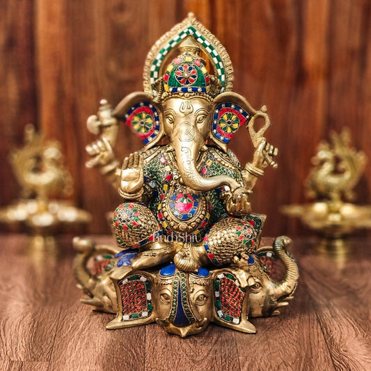 Brass Handcrafted Ganapathi Statue Seated on Three Elephant Heads 17"