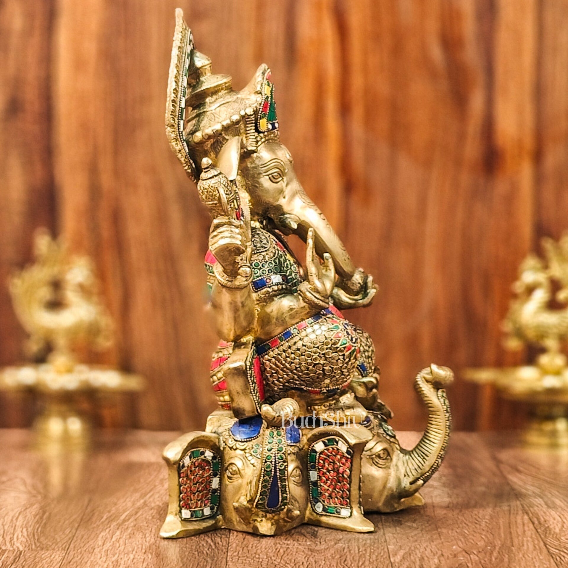 Brass Handcrafted Ganapathi Statue Seated on Three Elephant Heads 17"
