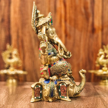 Brass Handcrafted Ganapathi Statue Seated on Three Elephant Heads 17"