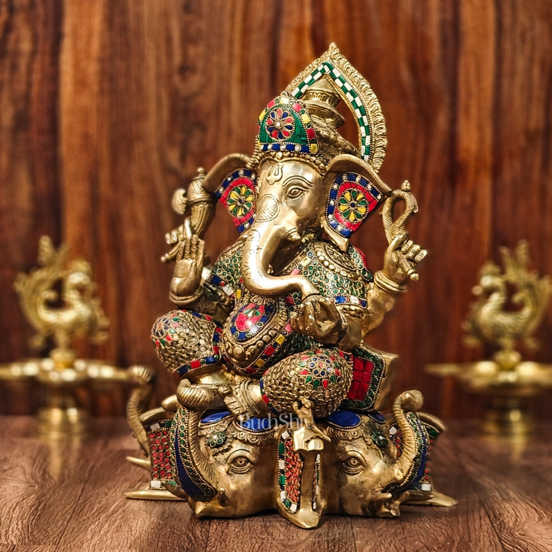 Brass Handcrafted Ganapathi Statue Seated on Three Elephant Heads 17"