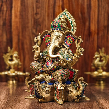 Brass Handcrafted Ganapathi Statue Seated on Three Elephant Heads 17"