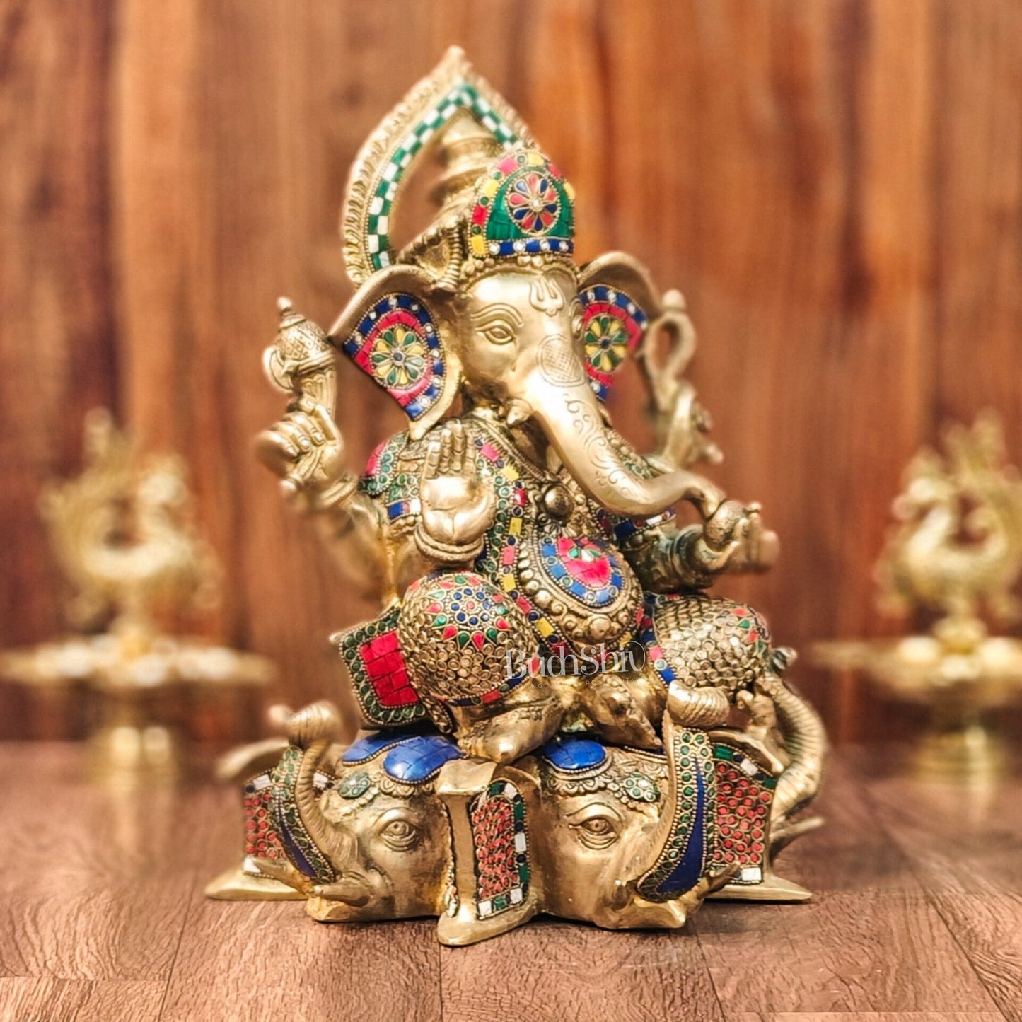 Brass Handcrafted Ganapathi Statue Seated on Three Elephant Heads 17"