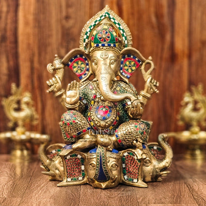 Brass Handcrafted Ganapathi Statue Seated on Three Elephant Heads 17"