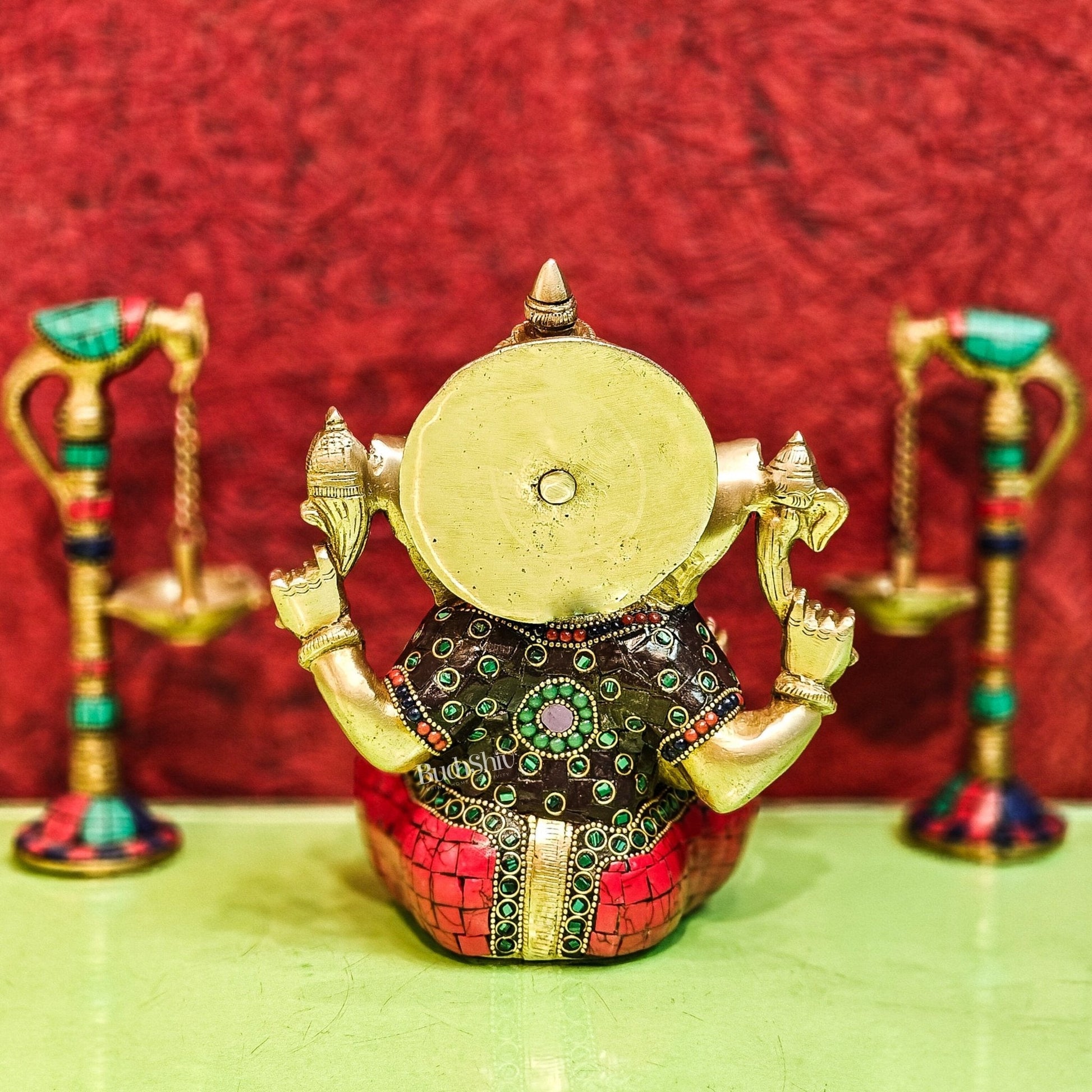 Brass Handcrafted Ganapati Idol with Natural Stones and Pure Brass Rings 8"