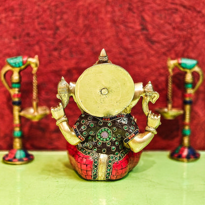 Brass Handcrafted Ganapati Idol with Natural Stones and Pure Brass Rings 8"