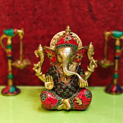 Brass Handcrafted Ganapati Idol with Natural Stones and Pure Brass Rings 8"