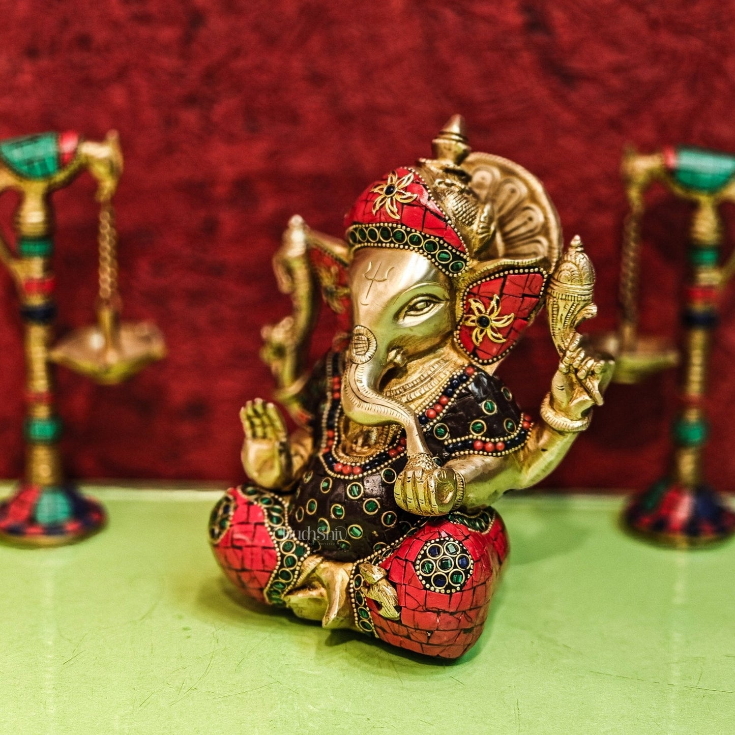 Brass Handcrafted Ganapati Idol with Natural Stones and Pure Brass Rings 8"