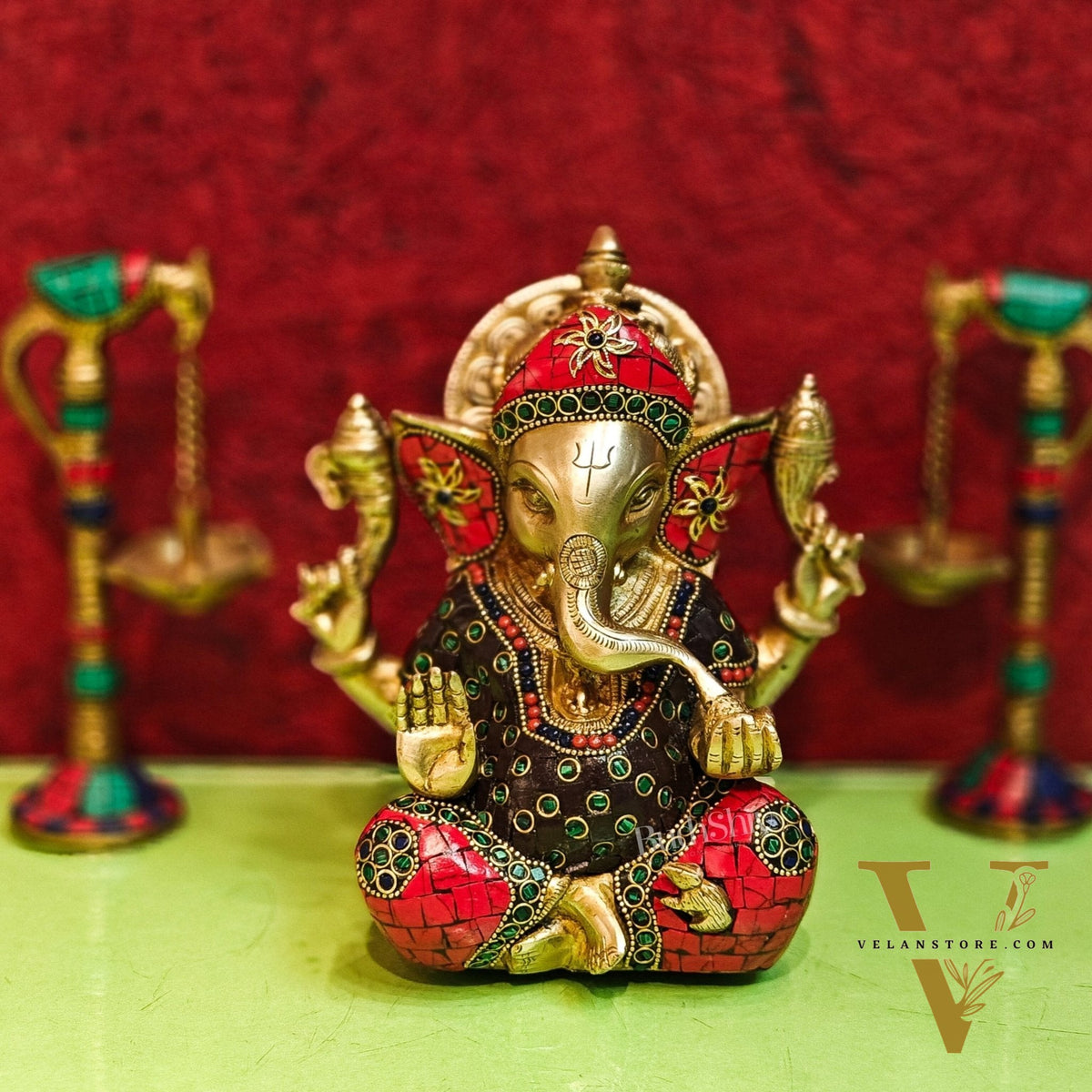 Brass Handcrafted Ganapati Idol with Natural Stones and Pure Brass Rings 8"