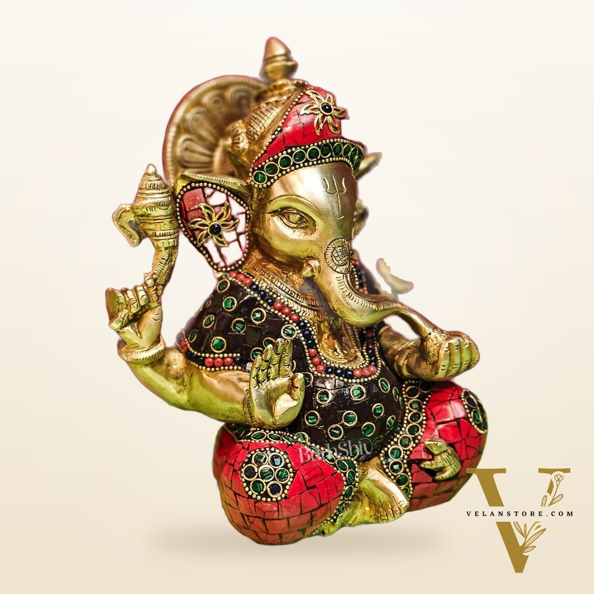 Brass Handcrafted Ganapati Idol with Natural Stones and Pure Brass Rings 8"