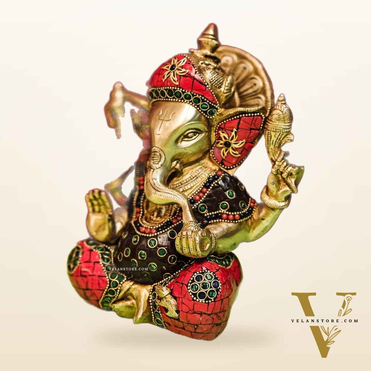 Brass Handcrafted Ganapati Idol with Natural Stones and Pure Brass Rings 8"
