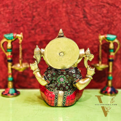 Brass Handcrafted Ganapati Idol with Natural Stones and Pure Brass Rings 8"