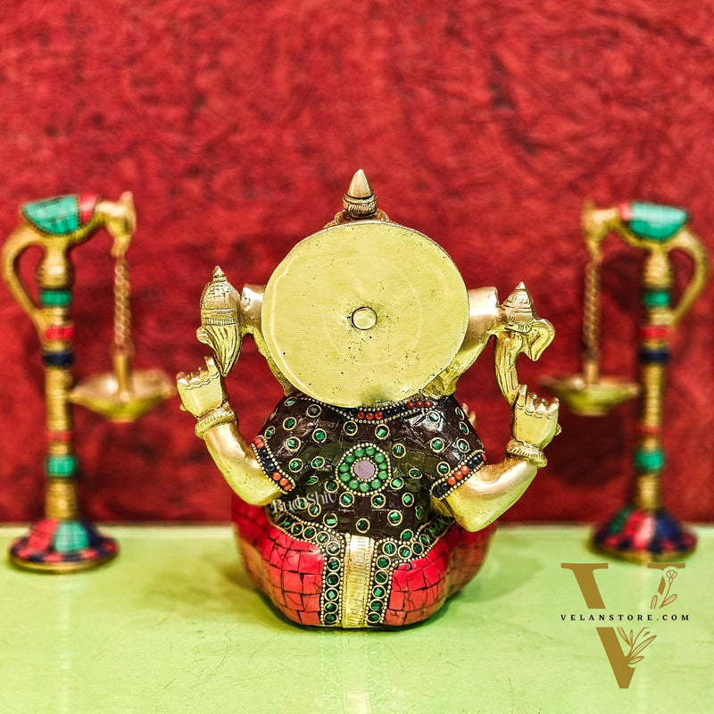 Brass Handcrafted Ganapati Idol with Natural Stones and Pure Brass Rings 8"