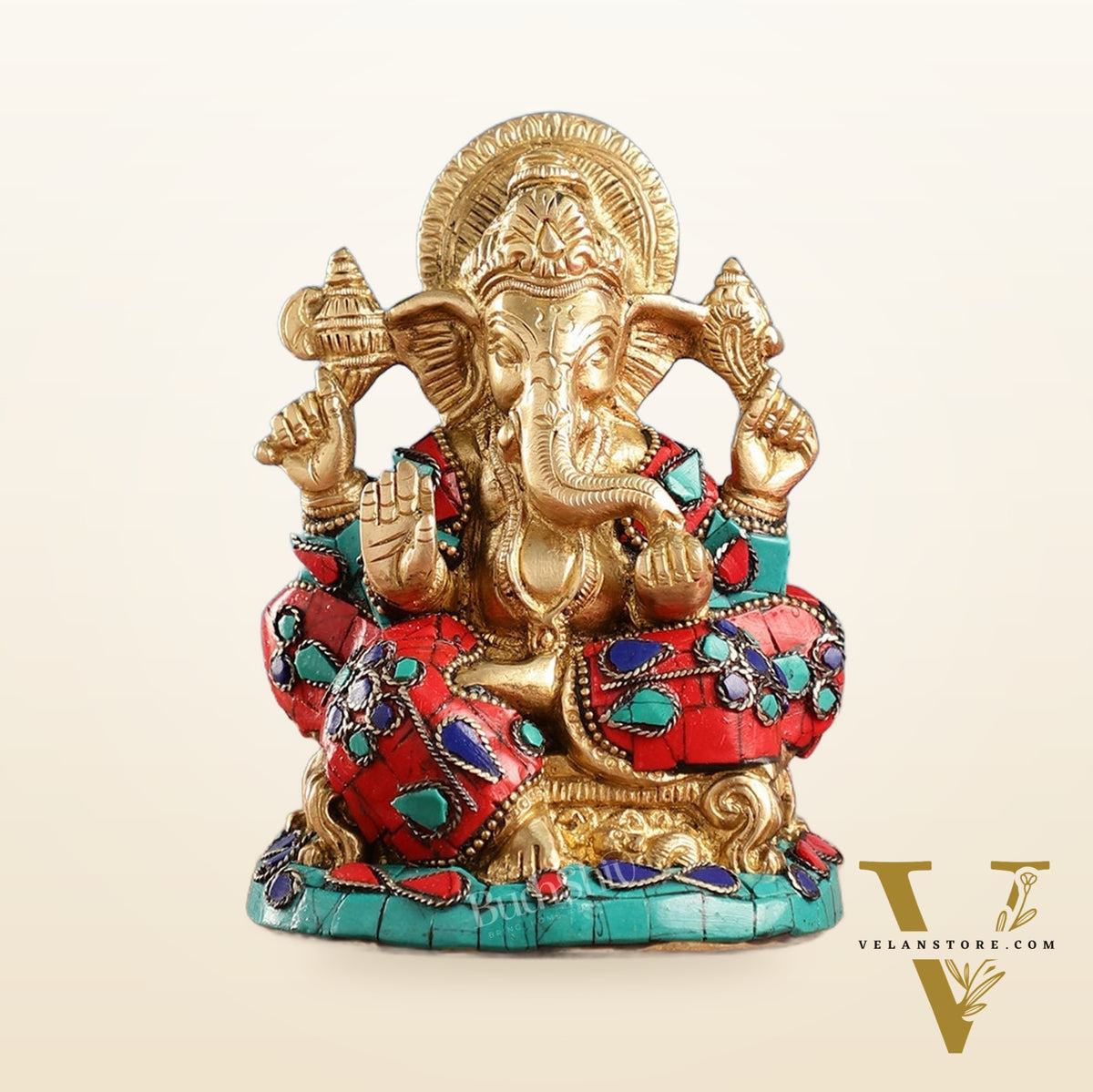 Brass Handcrafted Ganesha Idol Seated on Chair with Natural Stones 5"
