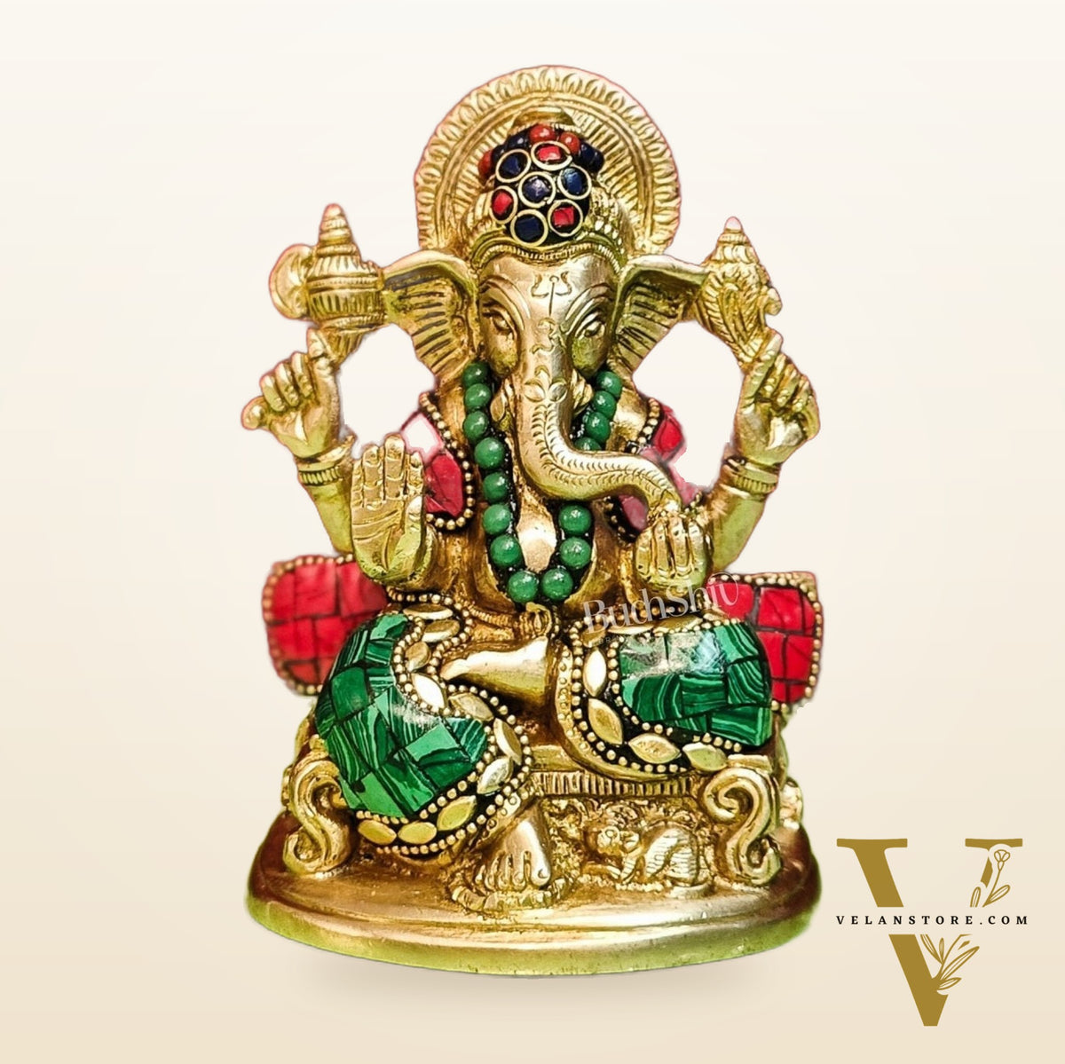 Brass Handcrafted Ganesha Idol Seated on Chair with Natural Stones 5.5"