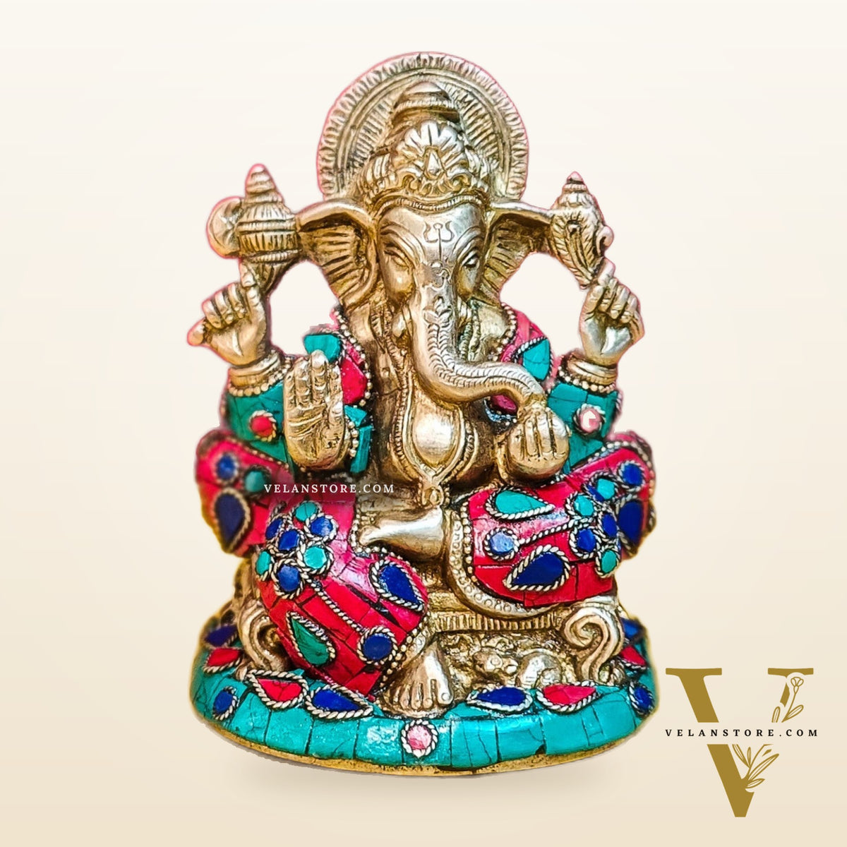 Brass Handcrafted Ganesha Idol Seated on Chair with Natural Stones 5"