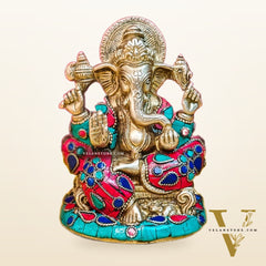 Brass Handcrafted Ganesha Idol Seated on Chair with Natural Stones 5"