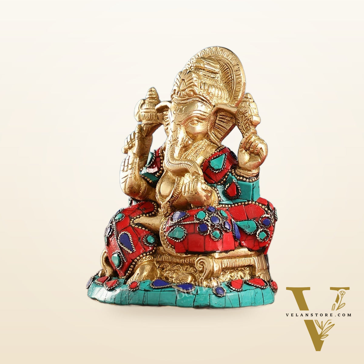Brass Handcrafted Ganesha Idol Seated on Chair with Natural Stones 5"
