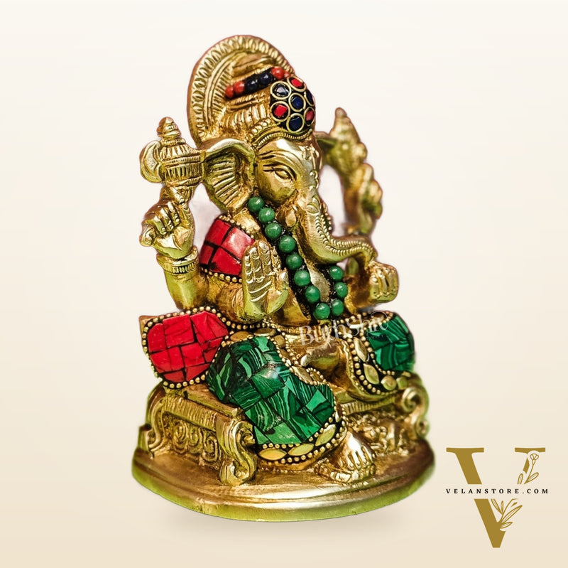 Brass Handcrafted Ganesha Idol Seated on Chair with Natural Stones 5.5"