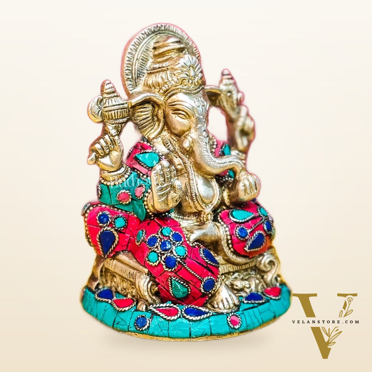 Brass Handcrafted Ganesha Idol Seated on Chair with Natural Stones 5"
