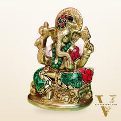 Brass Handcrafted Ganesha Idol Seated on Chair with Natural Stones 5.5"