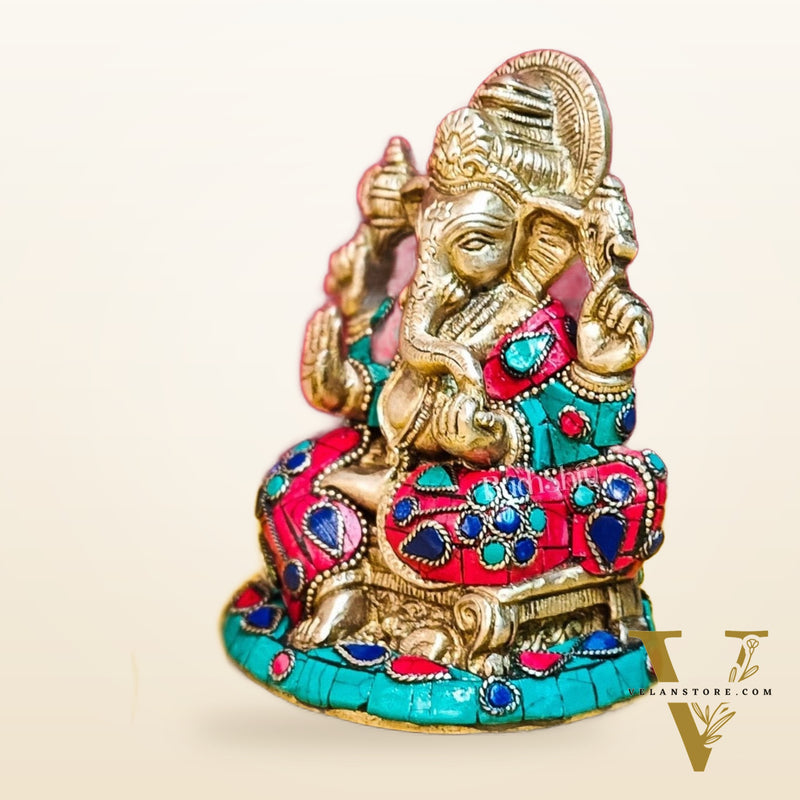 Brass Handcrafted Ganesha Idol Seated on Chair with Natural Stones 5"