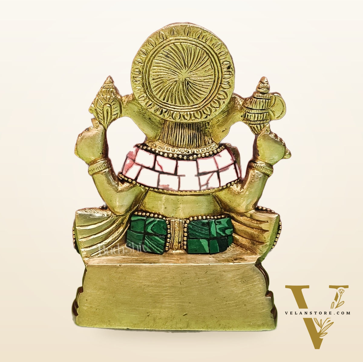 Brass Handcrafted Ganesha Idol Seated on Chair with Natural Stones 5.5"