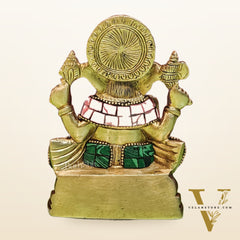 Brass Handcrafted Ganesha Idol Seated on Chair with Natural Stones 5.5"