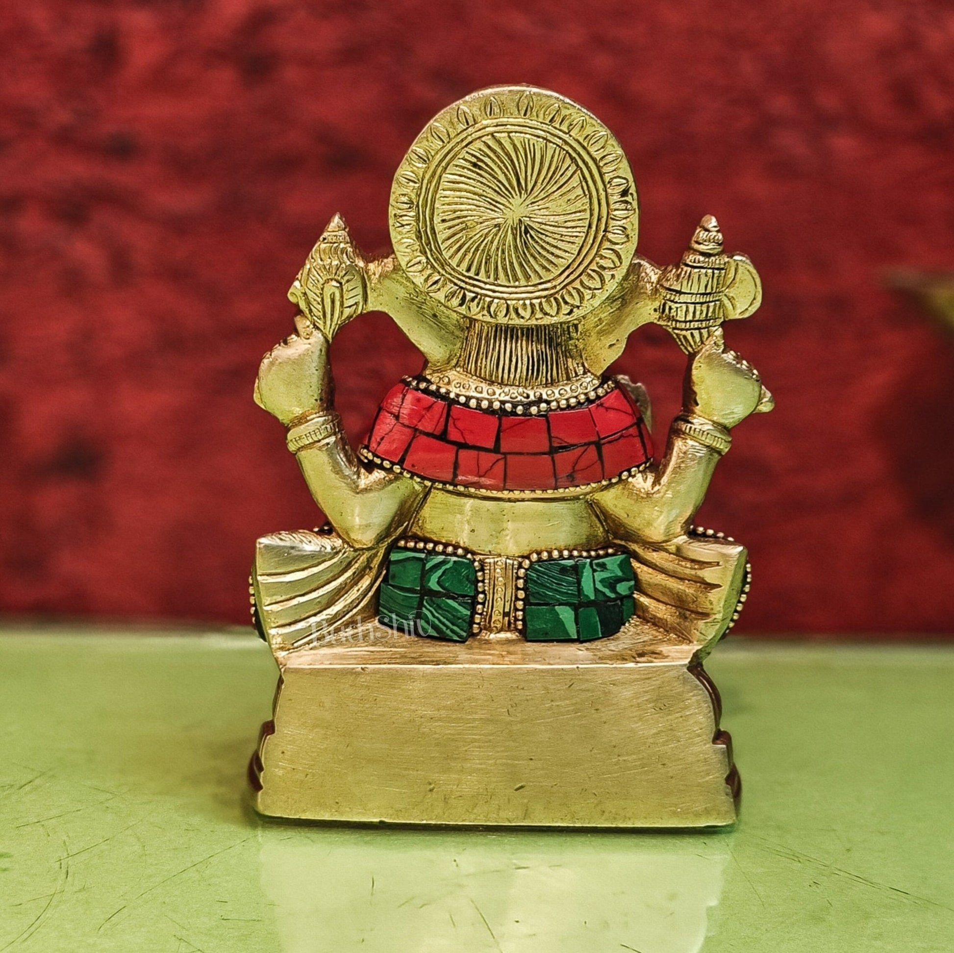 Brass Handcrafted Ganesha Idol Seated on Chair with Natural Stones 5.5"