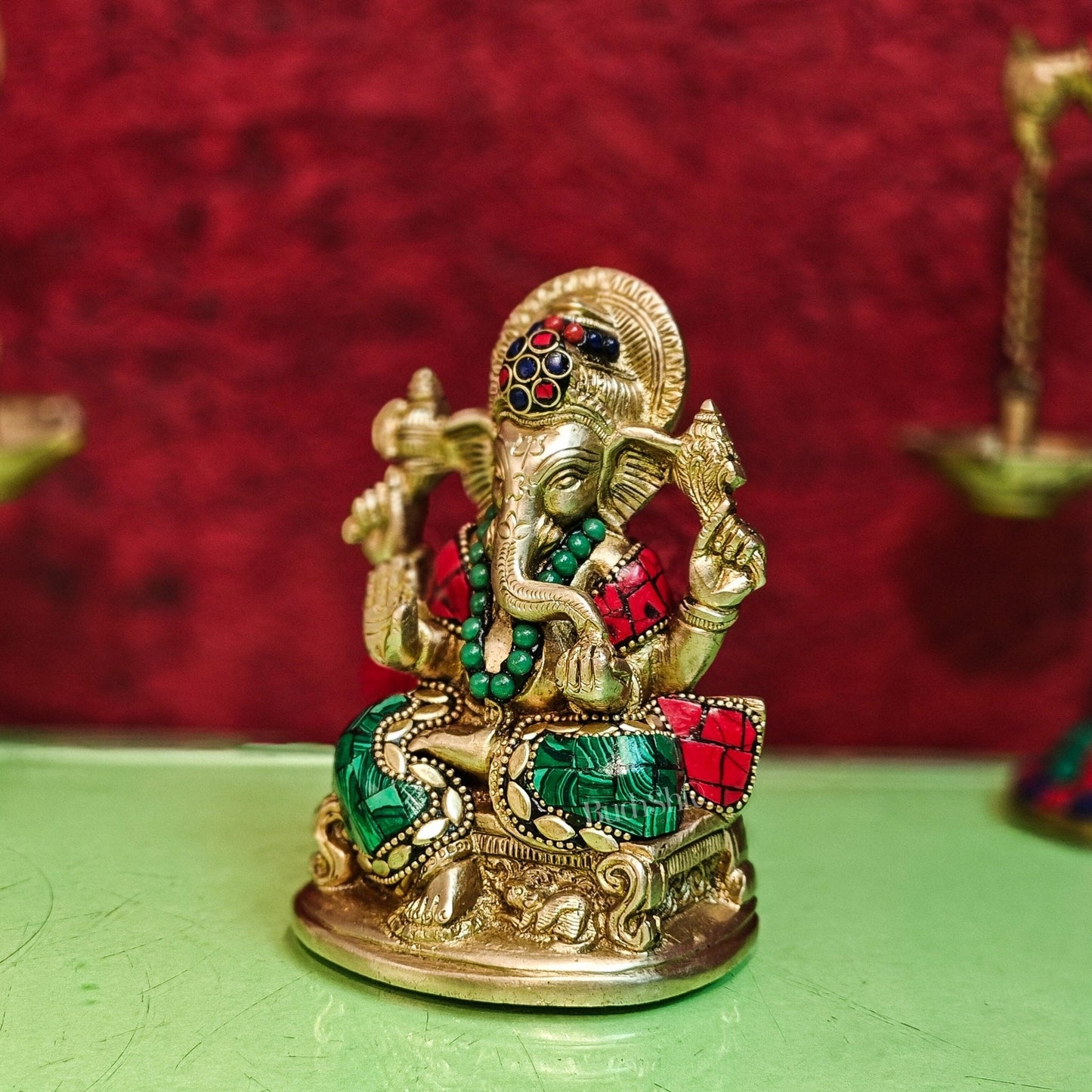 Brass Handcrafted Ganesha Idol Seated on Chair with Natural Stones 5.5"