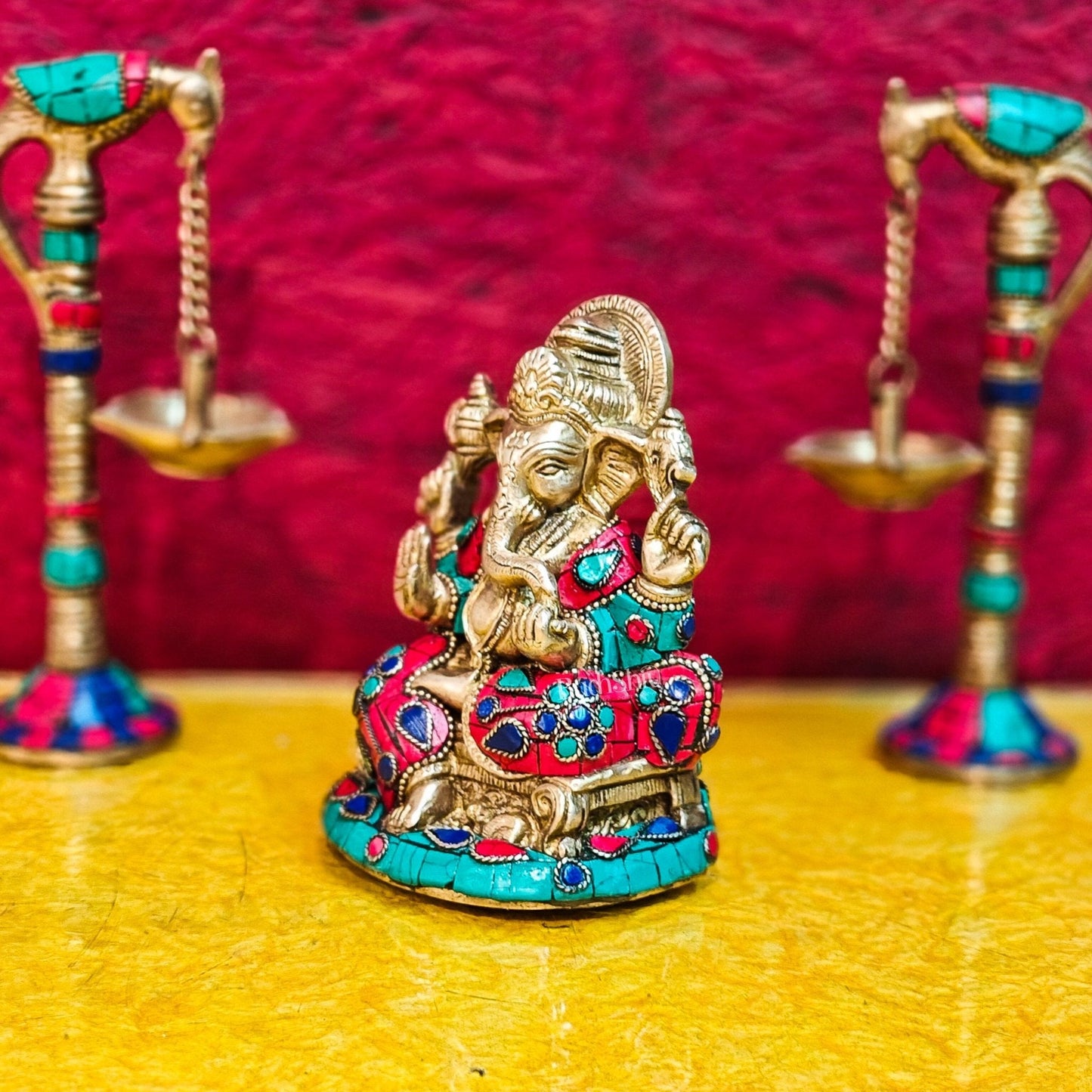 Brass Handcrafted Ganesha Idol Seated on Chair with Natural Stones 5"