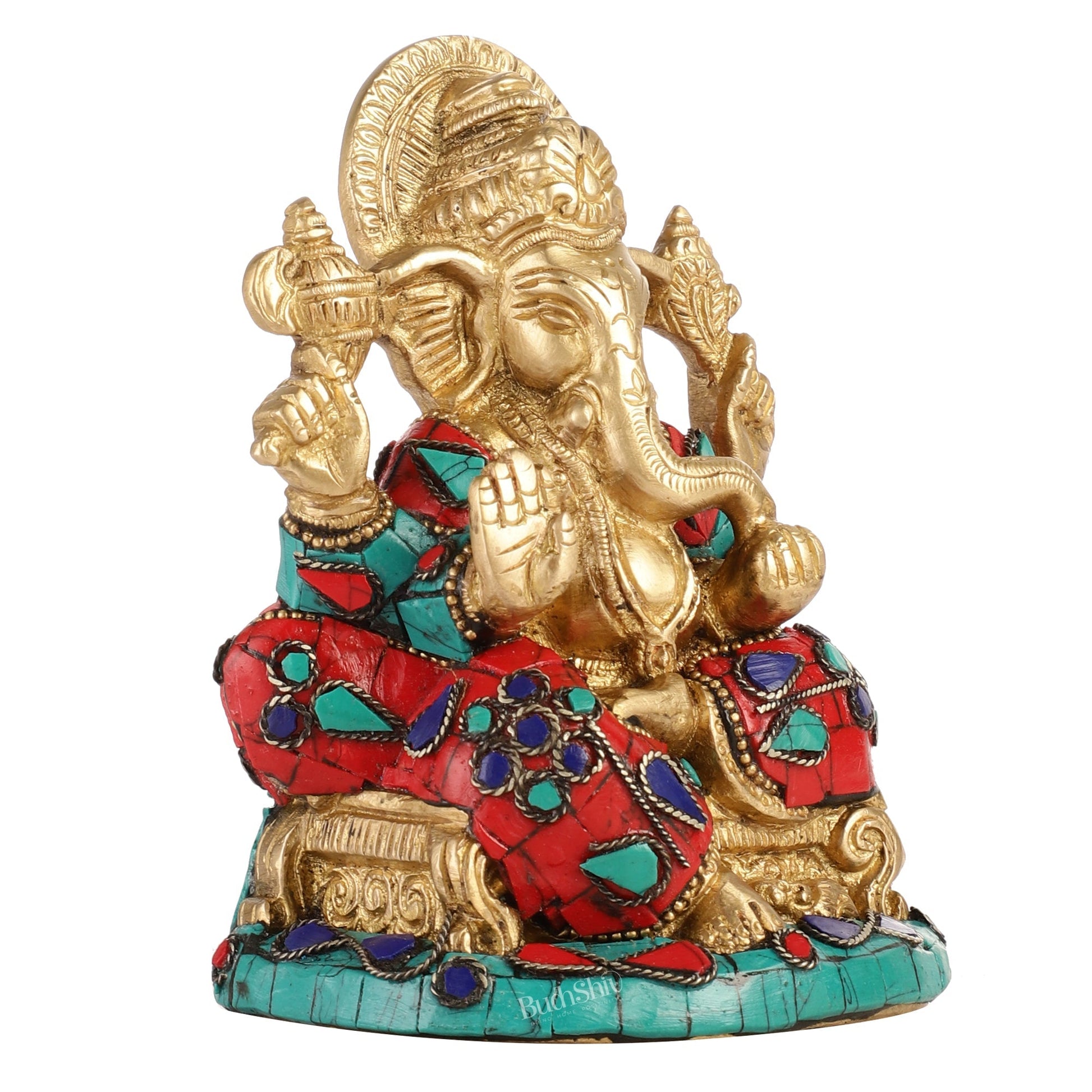 Brass Handcrafted Ganesha Idol Seated on Chair with Natural Stones 5"