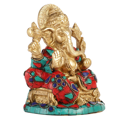 Brass Handcrafted Ganesha Idol Seated on Chair with Natural Stones 5"