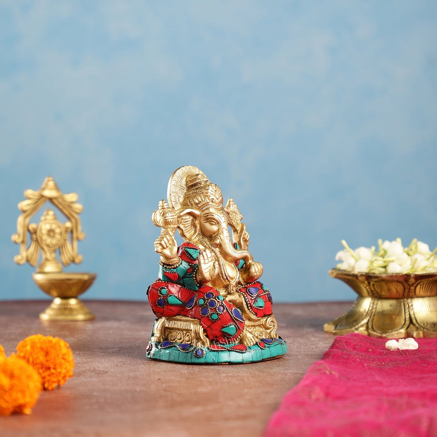 Brass Handcrafted Ganesha Idol Seated on Chair with Natural Stones 5"