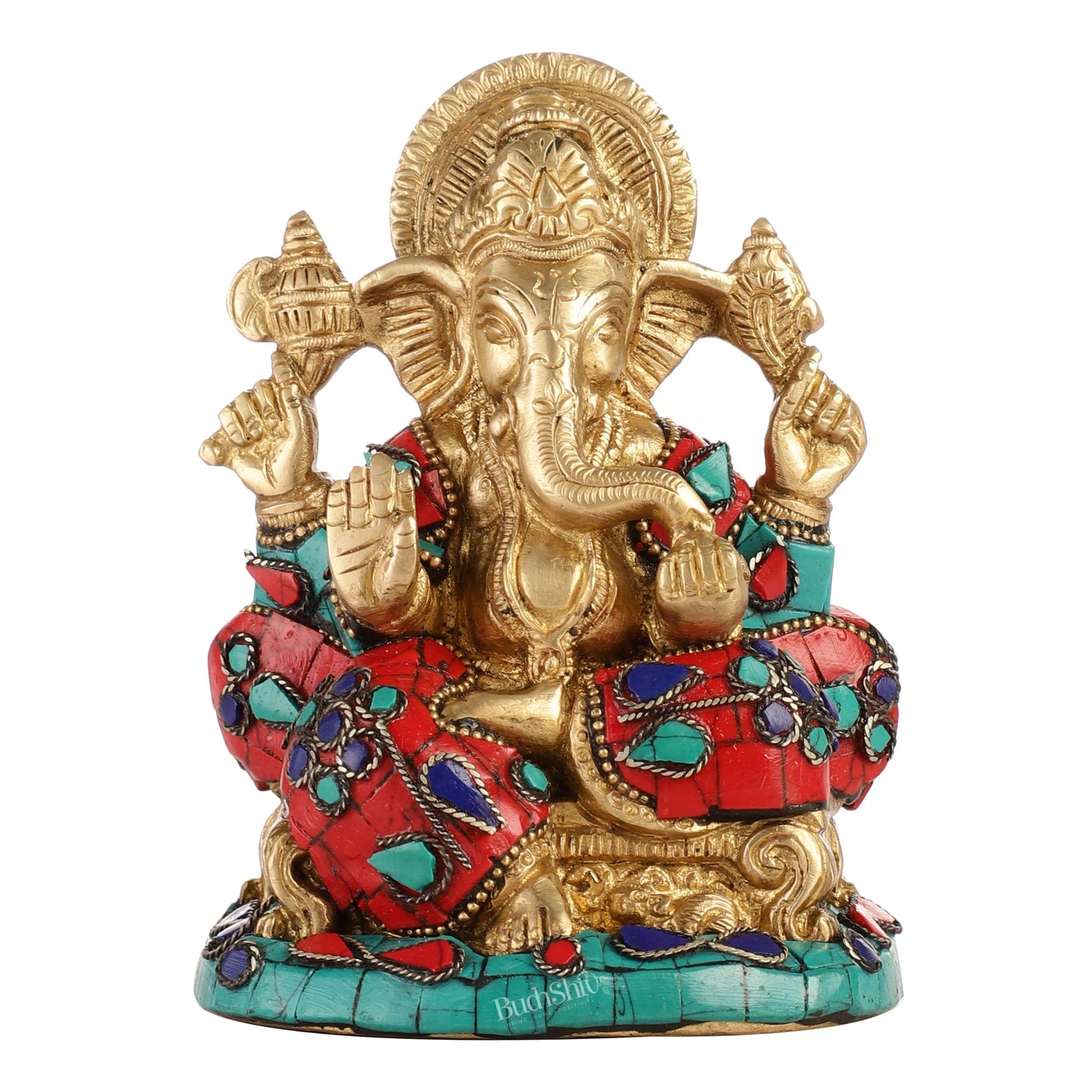 Brass Handcrafted Ganesha Idol Seated on Chair with Natural Stones 5"
