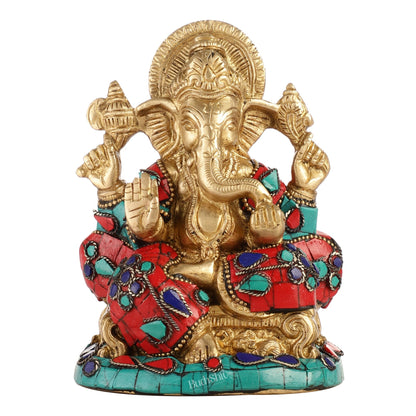 Brass Handcrafted Ganesha Idol Seated on Chair with Natural Stones 5"