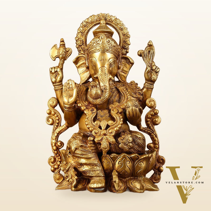 Brass Handcrafted Ganesha idol with trunk on right side 12 inch