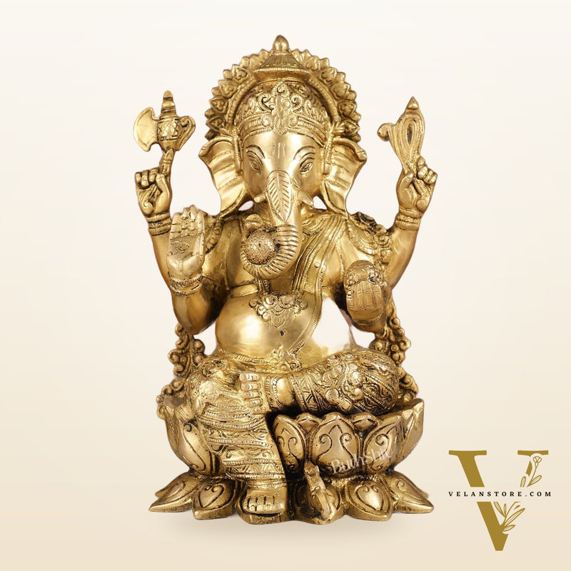 Brass Handcrafted Ganesha idol with trunk on right side 12 inch