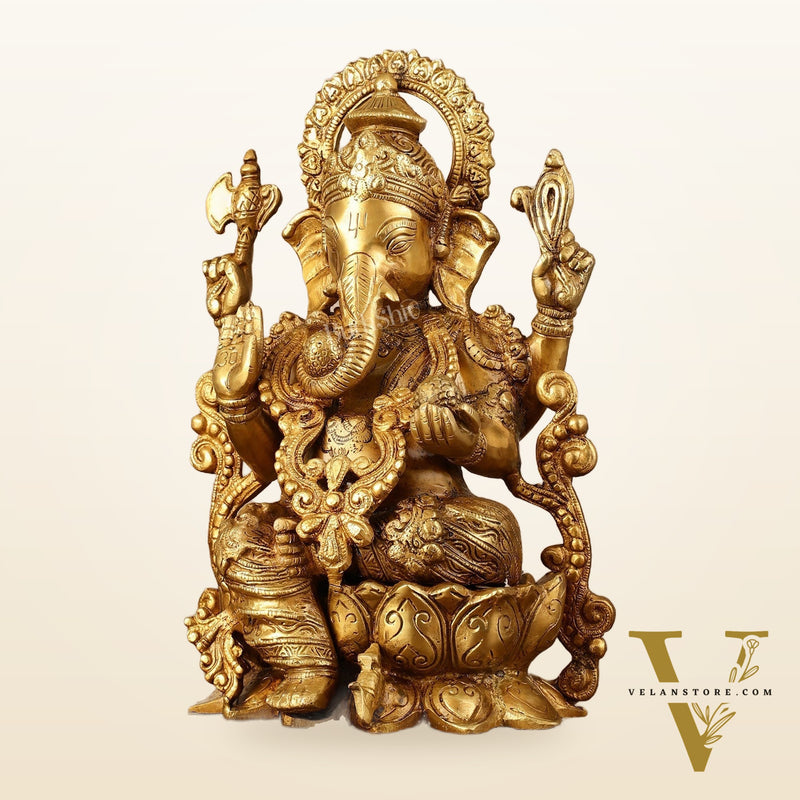 Brass Handcrafted Ganesha idol with trunk on right side 12 inch