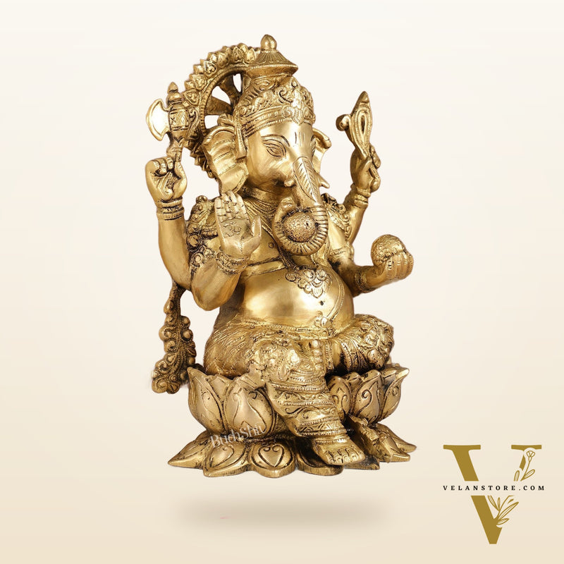 Brass Handcrafted Ganesha idol with trunk on right side 12 inch