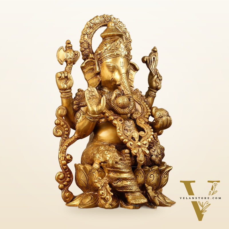Brass Handcrafted Ganesha idol with trunk on right side 12 inch