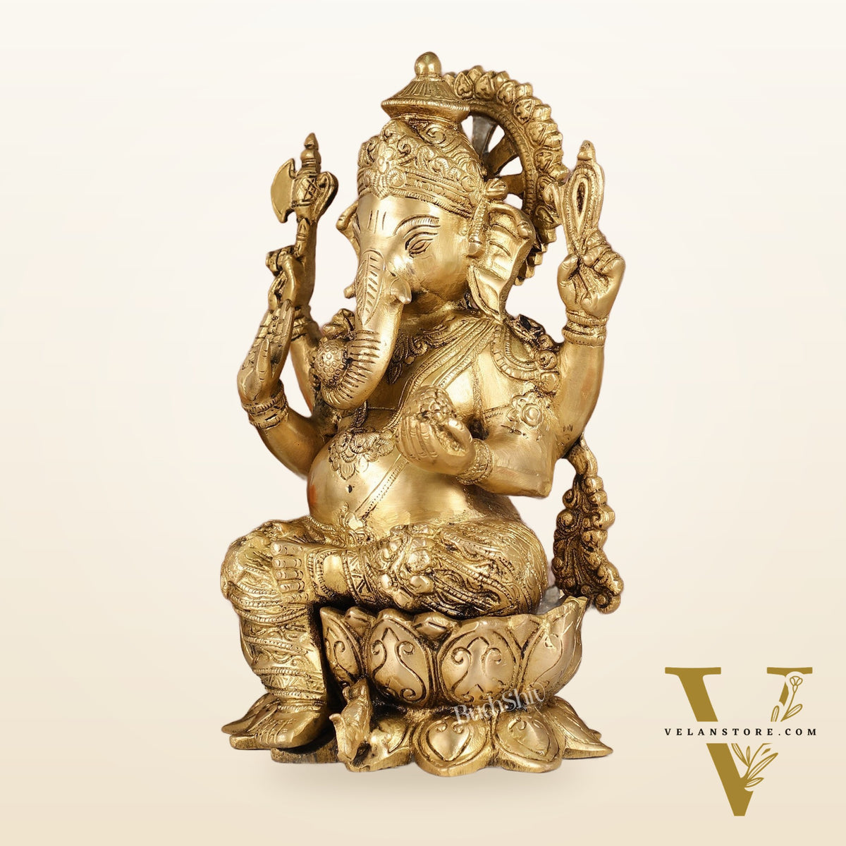 Brass Handcrafted Ganesha idol with trunk on right side 12 inch